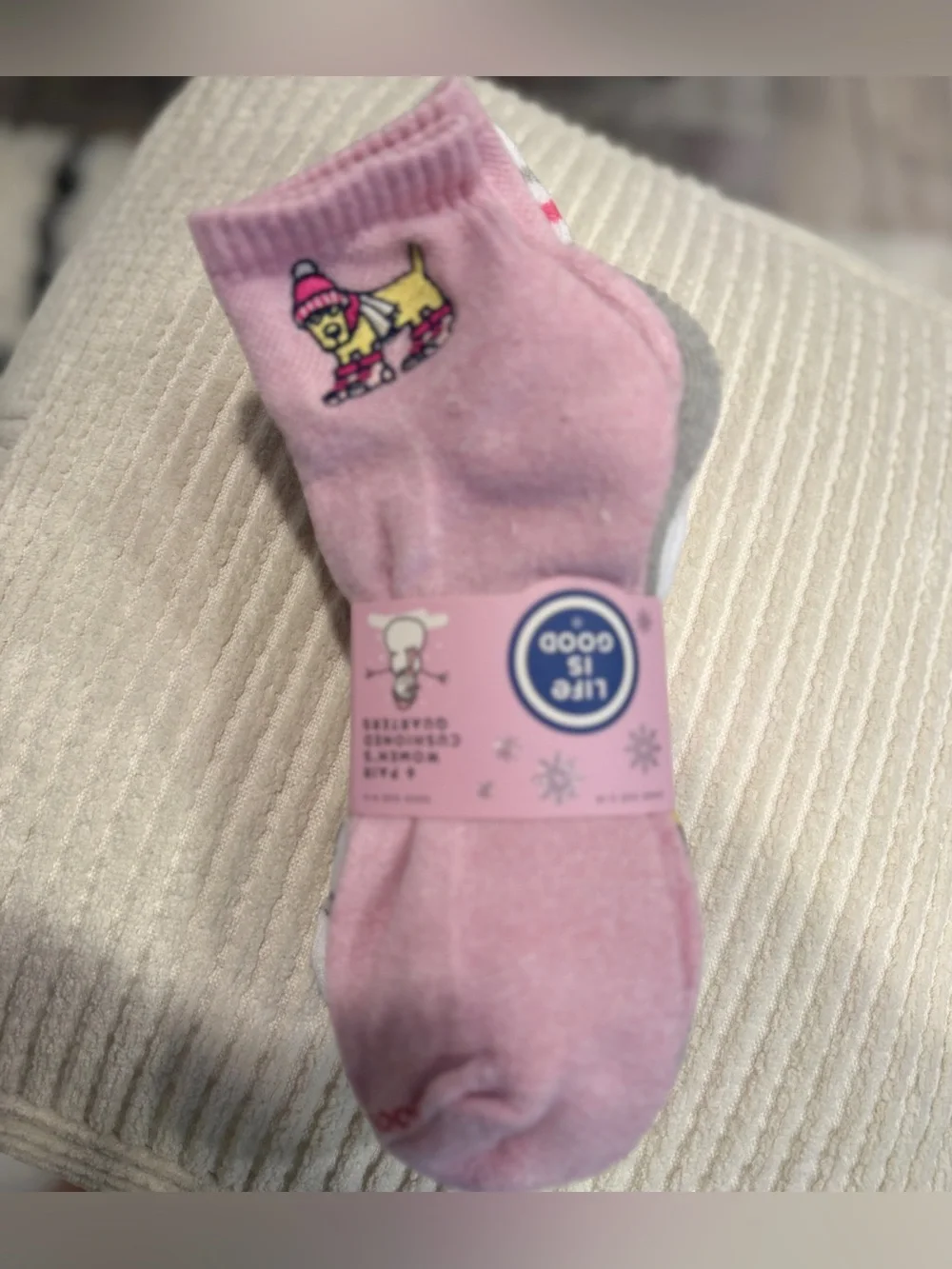 Life Is Good Women’s 6 Pack Cushioned Quarter Socks Pink Winter Snowman NWT